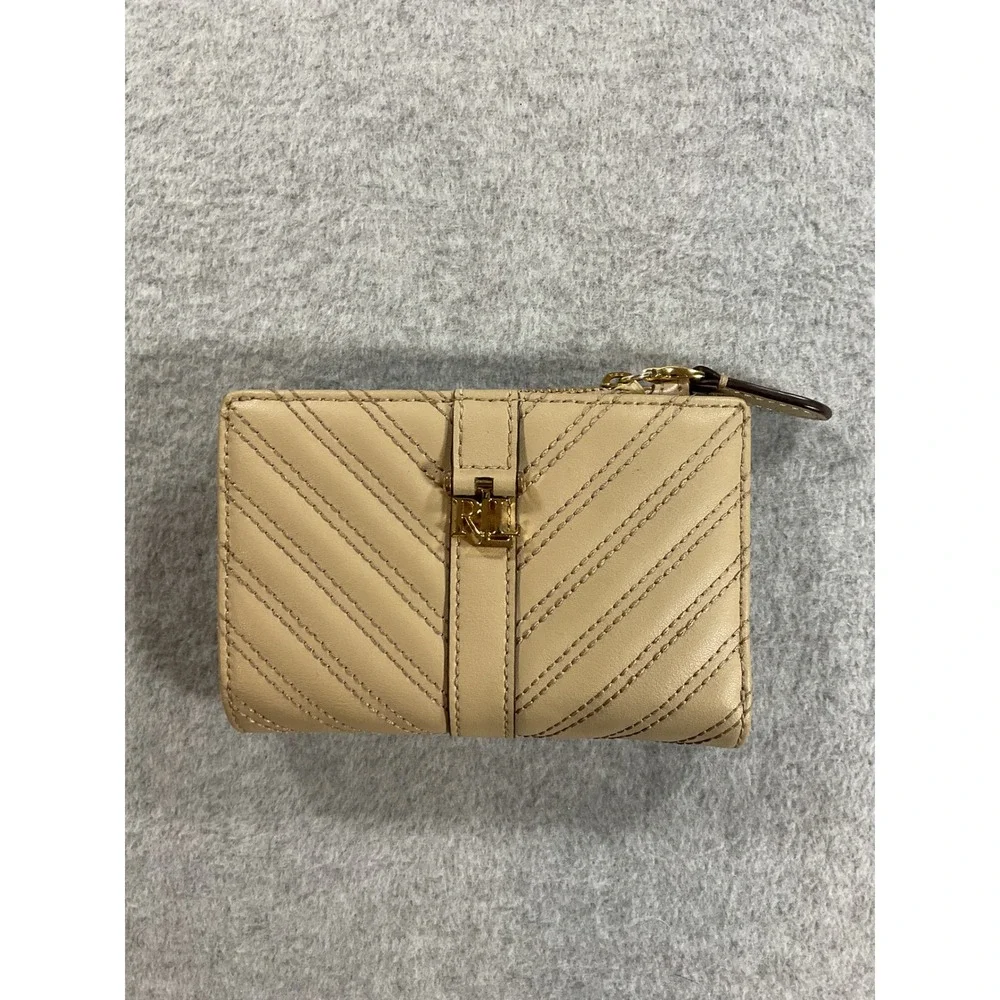 Lauren Ralph Lauren Quilted Leather Bifold Wallet Beige Gold Tone LRL Logo